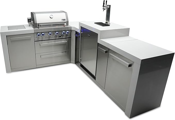 Mont Alpi Premium 82"W x 98"D Deluxe L-shaped Stainless Steel Outdoor Kitchen Island + Kegerator Beer Dispenser Refrigerator + 32"W 4-Burner BBQ Grill + Granite Countertops + Storage Cabinets + Cover