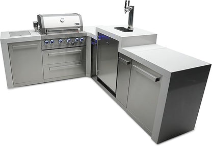 Mont Alpi Premium 82"W x 98"D Deluxe L-shaped Stainless Steel Outdoor Kitchen Island + Kegerator Beer Dispenser Refrigerator + 32"W 4-Burner BBQ Grill + Granite Countertops + Storage Cabinets + Cover