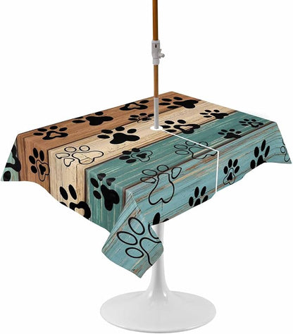 Dog Paw Print Outdoor Tablecloth - 52x70 Inch Rectangle Dining Table Cover, Rustic Teal Brown Beige Wooden Farmhouse Waterproof Outdoor Table Cloth with Umbrella Hole & Zipper for Picnic/Patio/Party