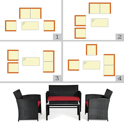 Tangkula Patio Wicker Conversation Furniture Set, Patiojoy Sofa & Table Set w/4 Seats, Outdoor Rattan Sofa Set for Balcony Backyard, Wicker Chair Set with Tempered Glass Coffee Table (1, Red)