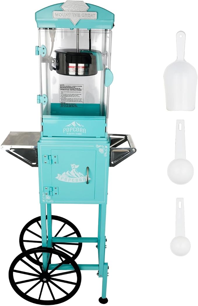 10 Oz Popcorn Machine with Cart, Mobile Popcorn Maker for 64 Cups per Batch, Nostalgia Professional Cart with Simple One-Touch & 3 Spoons, Movie Night Supplies for Home, Cyan