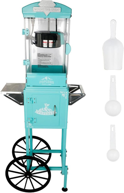 10 Oz Popcorn Machine with Cart, Mobile Popcorn Maker for 64 Cups per Batch, Nostalgia Professional Cart with Simple One-Touch & 3 Spoons, Movie Night Supplies for Home, Cyan