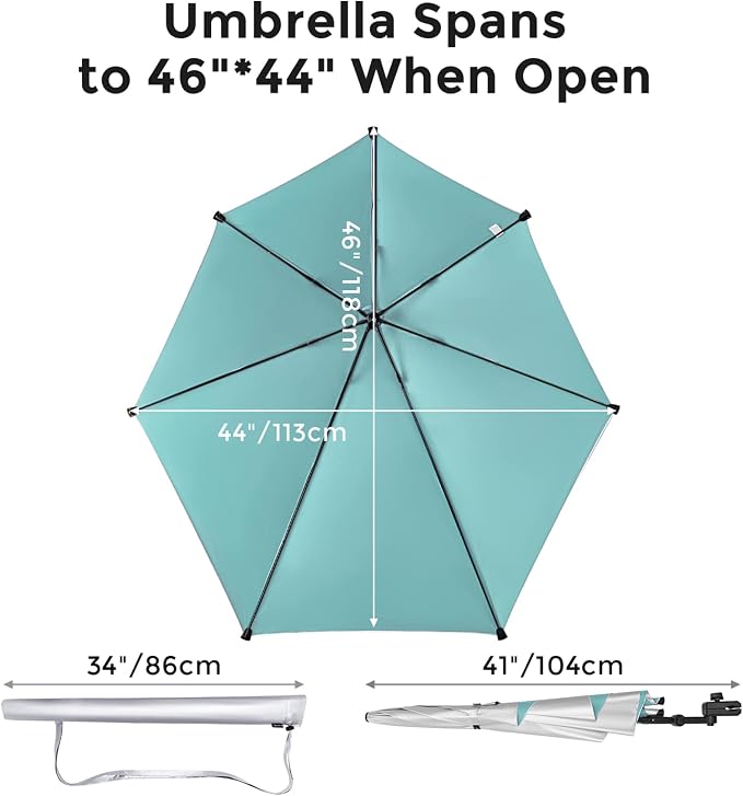G4Free Beach Chair Umbrella with Universal Clamp UPF 50+ Golf Cart Umbrella | 46"x44" Large Canopy Sun Umbrella UV Protection, Adjustable Clamp for Beach Chair/Wheelchair/Stroller, 360° Flex Shaft, 7 Rib