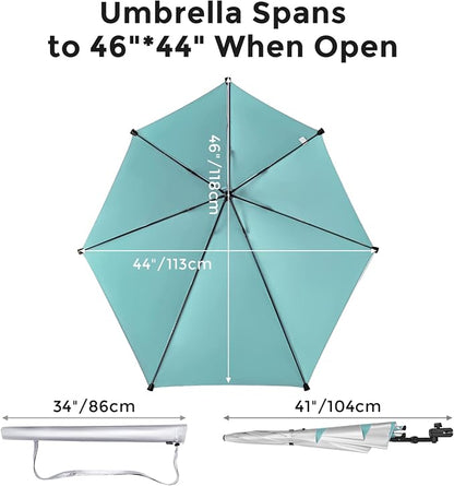 G4Free Beach Chair Umbrella with Universal Clamp UPF 50+ Golf Cart Umbrella | 46"x44" Large Canopy Sun Umbrella UV Protection, Adjustable Clamp for Beach Chair/Wheelchair/Stroller, 360° Flex Shaft, 7 Rib