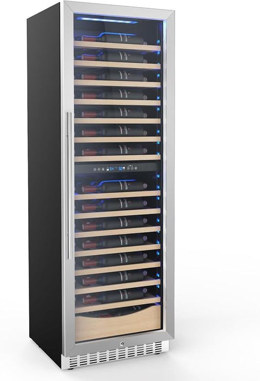 COWSAR 24 Inch Wine Cooler Drink Fridge, 105 Bottles Commercial Wine Fridge, Tall Freestanding/Built-in Beverage Refrigerator Glass Door with Removable Wooden Shelves, Blue LED Lights, Safety lock