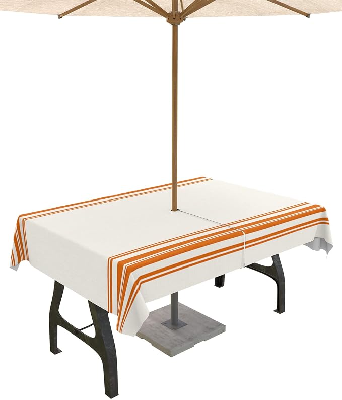 Queenker Fall Outdoor Tablecloth with Umbrella Hole, Farmhouse Orange Stripe Rectangle Tables Zippered Table Cloth Waterproof Tabletop Cover Collection for Patio, Garden, Picnic, Camping, Dining