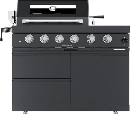 110" 4-Burner 72000 BTU Outdoor Kitchen Island,304 Stainless Steel Modular LPG BBQ Grill Combination With Granite Countertops, Canopy, Refrigerator and Sink (110"-Black with Canopy, Propane Gas)