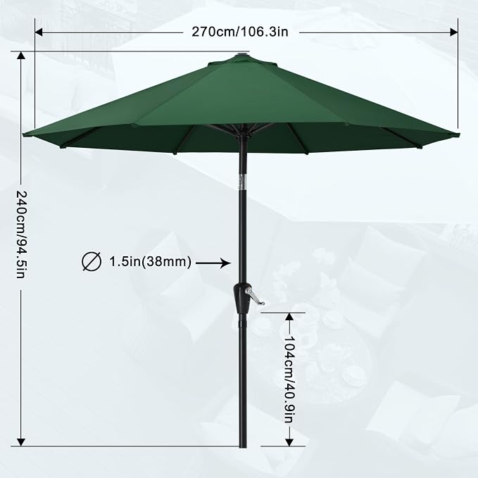 MASTERCANOPY 9ft Patio Umbrella with Tilt & Crank, Forest Green | 8 sturdy ribs;UV/water resistant;Vent;easy setup;for garden/deck/backyard/pool