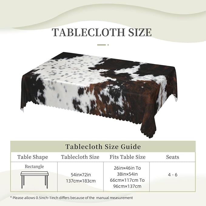 White and Brown Cow Skin Rectangular Tablecloth, Animals Skin Table Cloth Washable Tablecloths Decorative Table Cover for Kitchen, Dining, or Parties 54x72 Inches