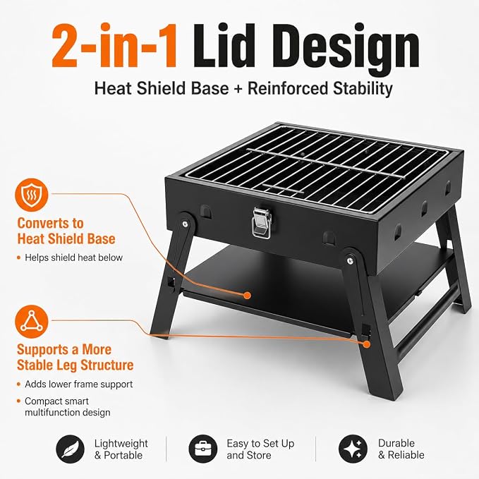 Small Portable BBQ Charcoal Grill: Mini Foldable Table Top Barbecue Grills for Outdoor Cooking, Camping, Beach, Travel, Tailgates, Fathers Day Birthday Grilling Gift for Men Dad Husband