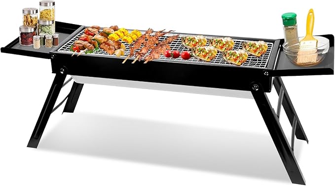 Portable Charcoal BBQ Grill, Foldable BBQ Grill with Stainless Steel Grill Net, Charcoal Drawer Tray & Food Trays, Easy Setup Barbecue Grill for Camping Picnic Outdoor Party Backyard (34.25x8.85x12in)