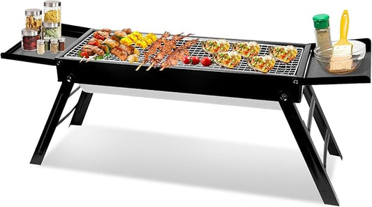 Portable Charcoal BBQ Grill, Foldable BBQ Grill with Stainless Steel Grill Net, Charcoal Drawer Tray & Food Trays, Easy Setup Barbecue Grill for Camping Picnic Outdoor Party Backyard (34.25x8.85x12in)