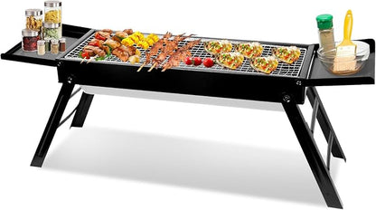 KOCASO Foldable Charcoal BBQ Grill with Shelf Stainless Steel Grill Net Easy Setup Portable Tabletop Barbecue Grill for Camping Picnic Outdoor Party Backyard