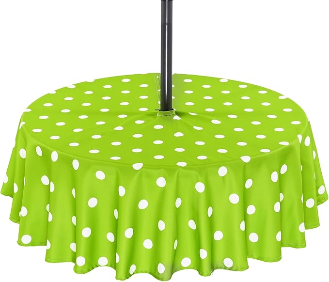 Poise3EHome 60 inches Outdoor/Indoor Waterproof Spillproof Round Tablecloth with Umbrella Hole Zipper for Camping Picnic Party Patio Table Spring, Green Polka Dot