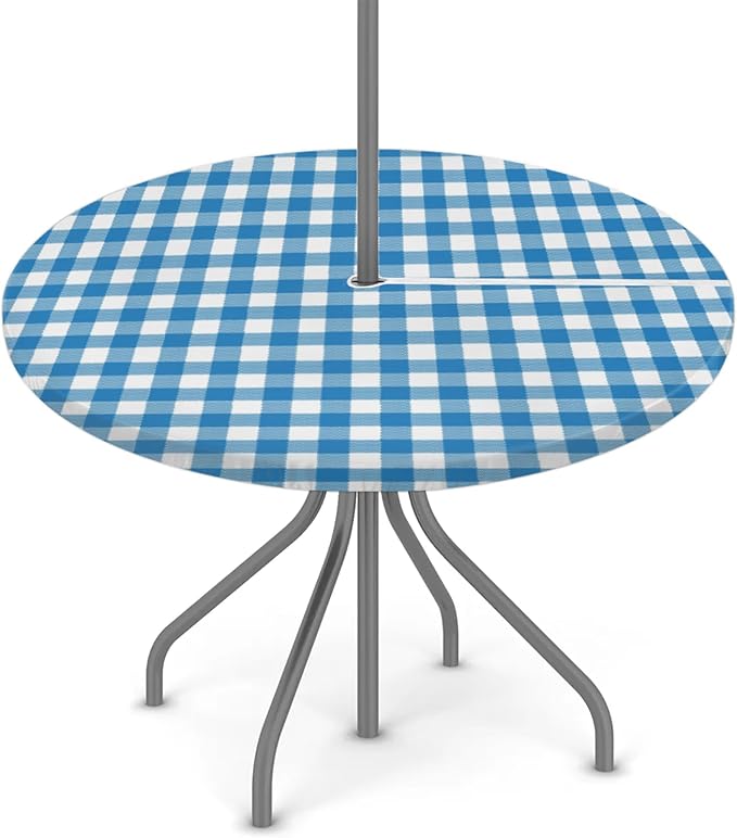 Fitted Round Tablecloth with Umbrella Hole and Zipper Buffalo Plaid Outdoor Elastic Table Cloth 36"-44" Oil-Proof Waterproof Moroccan Patio Table Cover for Dining Picnic Party, Blue and White