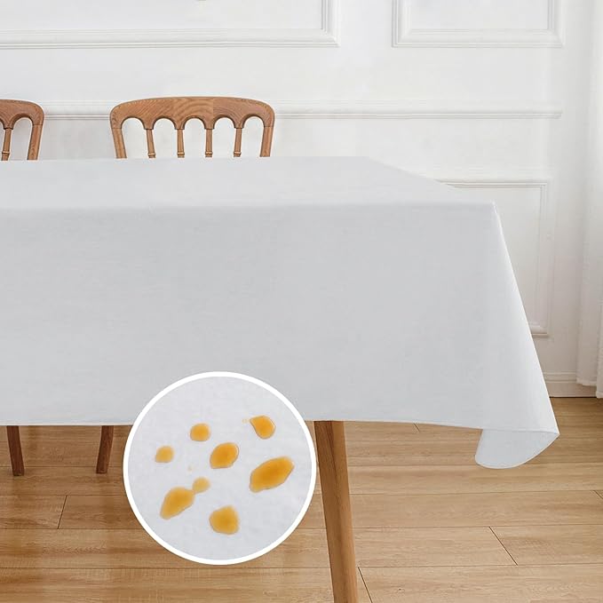 NLMUVW Vinyl Tablecloth with Flannel Backing 100% Waterproof Rectangle PVC Table Cloth Wipe Clean Table Cover for Dining Party Camping Outdoor, White, 60 X 96 Inch
