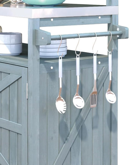 RUNNA Outdoor Kitchen Island with Raised Shelf,Solid Wood Storage Cabinet with Stainless Steel Top,Outdoor Rolling Grill Cart with Internal Storage Rack, Adjustable Shelf,Spice Rack (Grey+Blue#028)