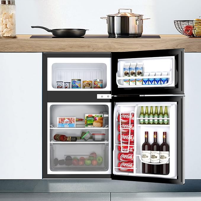 COSTWAY 3.2 Cu.ft. Mini Fridge with Freezer for Bedroom, Dorm, Office | Small Compact Refrigerator with Reversible 2-Door, Adjustable Temperature, LED Lights, Removable Glass Shelves, Grey