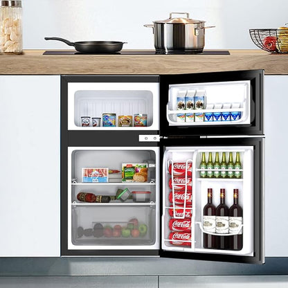 COSTWAY 3.2 Cu.ft. Mini Fridge with Freezer for Bedroom, Dorm, Office | Small Compact Refrigerator with Reversible 2-Door, Adjustable Temperature, LED Lights, Removable Glass Shelves, Grey