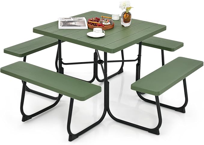 Tangkula 8 Person Picnic Table, Outdoor Square Picnic Table with 4 Built-in Benches, Umbrella Hole, Metal Frame & HDPE Tabletop, Outside Table and Bench Set for Backyard, 2300lbs Weight Capacity