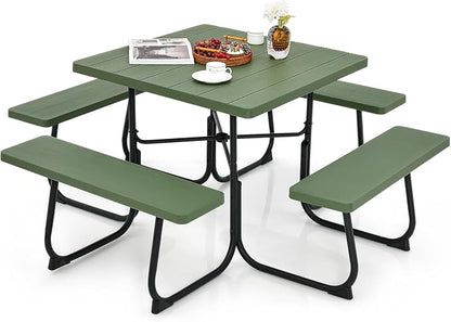 Tangkula 8 Person Picnic Table, Outdoor Square Picnic Table with 4 Built-in Benches, Umbrella Hole, Metal Frame & HDPE Tabletop, Outside Table and Bench Set for Backyard, 2300lbs Weight Capacity