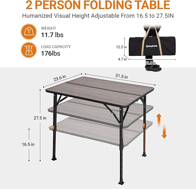 KingCamp Folding Camping Table, Ultralight Portable Folding Fiber Glass Camp Table with Adjustable Height, Heavy Duty Aluminum Legs & Carry Bag for Outdoor, Picnic, Beach, Party, BBQ (2-4 People)