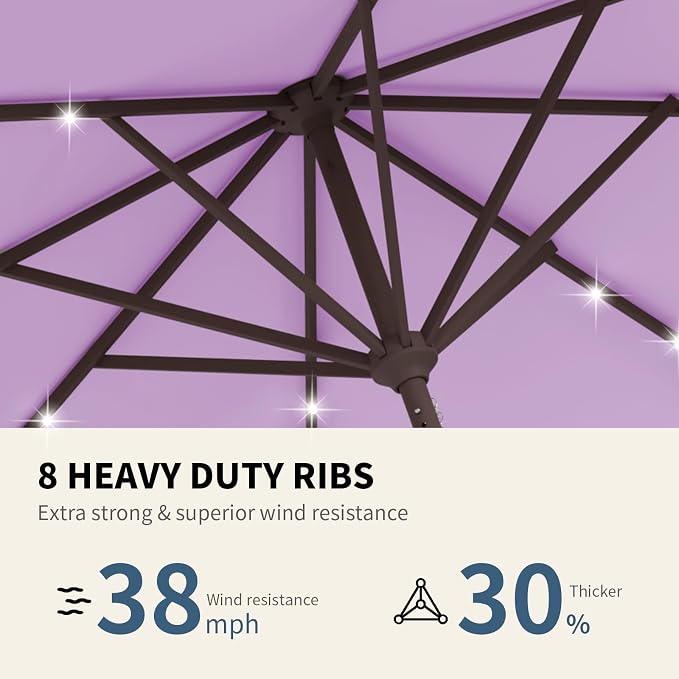 9FT Patio Umbrella with Solar Lights,Outdoor Market Umbrella with Tilt and Crank, LED Lighted Table Umbrella for Garden,Deck,Backyard,Pool,Beach (Taro Purple)