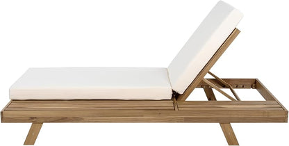 Christopher Knight Home Dami Patio Chaise Lounge Chair Outdoor with 4-Thick Cushion, Acacia Wood Poolside Sun Lounger, Space Available On One Side, Adjustable Backrest Pool Lounger, Light Brown+Cream