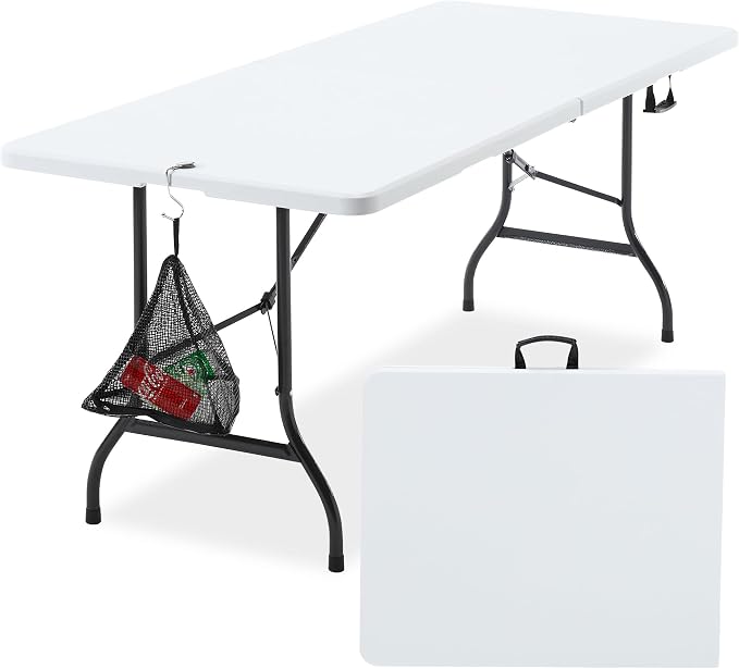 VECELO 6 ft Picini Table with Thickened Top | Removable Mesh Bag | Strong Side Support, 500lbs Weight Capacity Folding Table, Indoor & Outdoor, with Carrying Handle,White