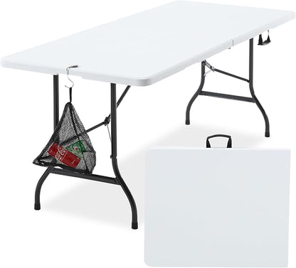 VECELO 6 ft Picini Table with Thickened Top | Removable Mesh Bag | Strong Side Support, 500lbs Weight Capacity Folding Table, Indoor & Outdoor, with Carrying Handle,White