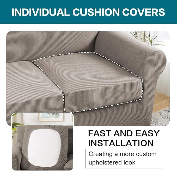 Turquoize 4 Piece Sofa Covers for 3 Cushion Couch Sofa Slipcover Soft Couch Cover for Dogs Washable Furniture Cover with 3 Individual Large Cushion Covers Feature Fabric (Large Sofa, Taupe)
