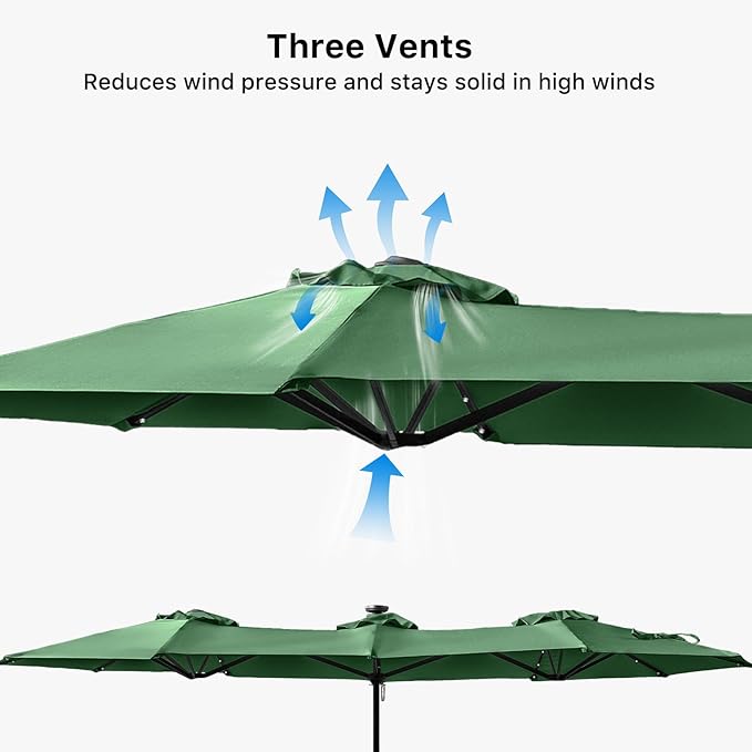 FREE SOLDIER 13ft Patio Umbrella with 36 LED Solar Lights Double Sided Outdoor Umbrella for Patio Table Umbrella with Solar lights for Garden Yard Pool (Dark Green)