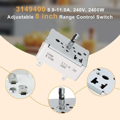 WP3149400 3149400 3148954 3148953 Range Surface Burner Infinite Switch for Large 8 Inch Burner Replace Parts: 2786 AP6007666 PS11740783 EAP11740783 310180 311846 311858 311859 Fits for Whirlpool