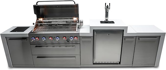 Mont Alpi 142"W Stainless Steel Deluxe Modular Outdoor Kitchen Island with Side Burner + 3 Tap Kegerator Refrigerator + 44"W 6-Burner BBQ Gas Grill + Granite Countertops + Storage Cabinets & Drawers