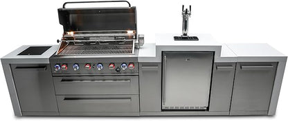 Mont Alpi 142"W Stainless Steel Deluxe Modular Outdoor Kitchen Island with Side Burner + 3 Tap Kegerator Refrigerator + 44"W 6-Burner BBQ Gas Grill + Granite Countertops + Storage Cabinets & Drawers