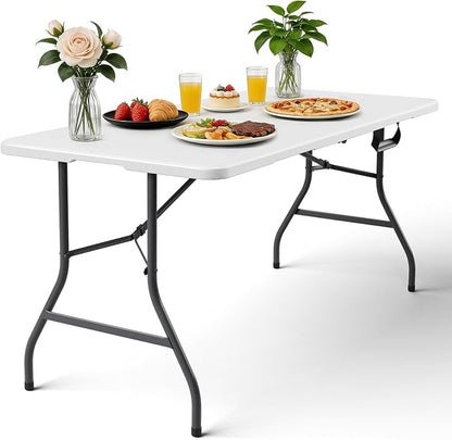 Folding Table, 5FT Foldable Picnic Table with Carrying Handle, Heavy Duty Fold-in-Half Portable Table for Weddings, Camping, RV Travel, Parties, BBQs, and Indoor Use, Easy to Fold and Store, White