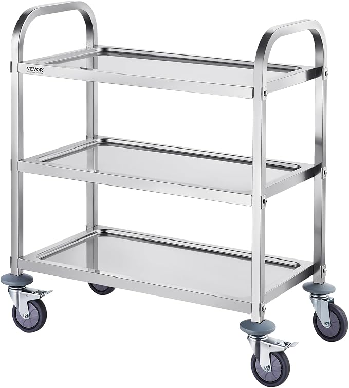 VEVOR Stainless Steel Cart, 3 Layers Lab Utility Cart 220 lbs Weight Capacity, Medical Cart with Lockable Universal Wheels, for Lab, Clinic, Kitchen, Salon