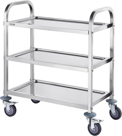 VEVOR Stainless Steel Cart, 3 Layers Lab Utility Cart 220 lbs Weight Capacity, Medical Cart with Lockable Universal Wheels, for Lab, Clinic, Kitchen, Salon
