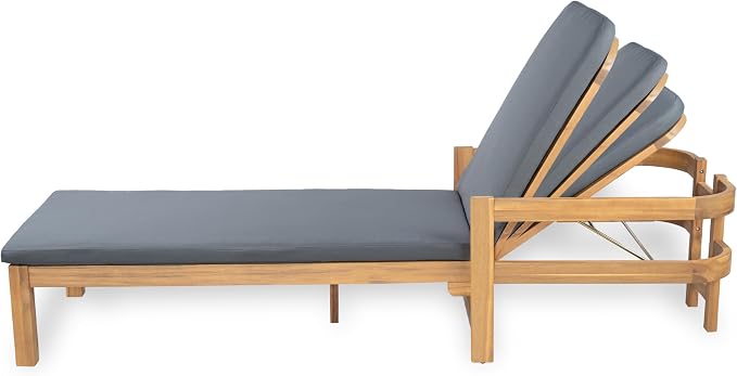 Christopher Knight Home Kayas Acacia Wood Chaise Lounge with Adjustable Backrest, 77.5" Outdoor Sun Lounger with Cushion, Modern Patio Lounger Recliner Chair for Poolside Lawn, Light Teak+Gray, 1PCS