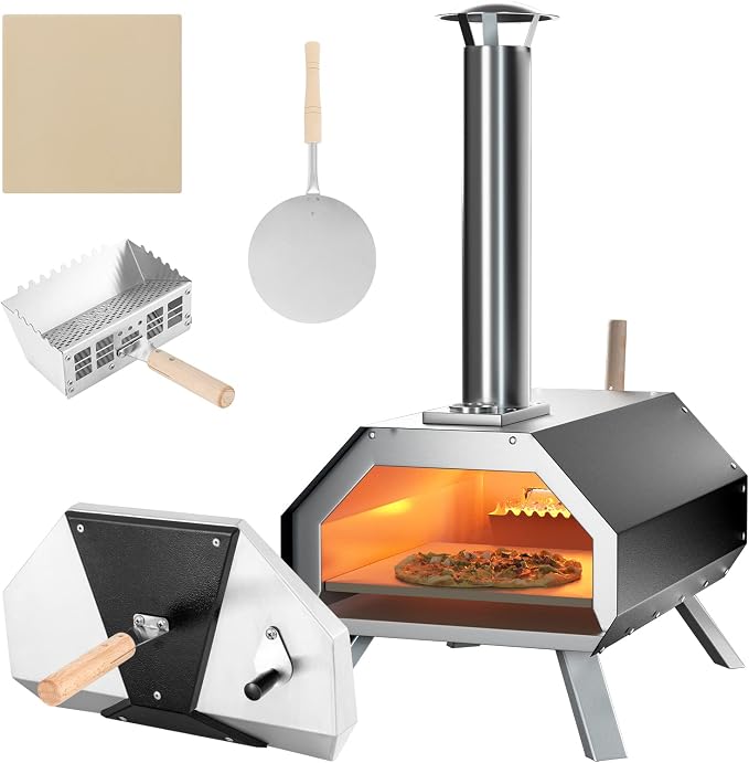 PETSITE Pizza Oven Outdoor, Wood Pellet Fired Pizza Oven with 12 Inches Pizza Stone & Thermometer, Portable Stainless Steel Grill Pizza Maker for Outside Backyard Party
