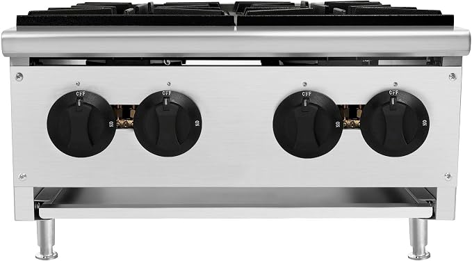 Commercial Countertop Gas Hot Plate Burner,NG LP Convertible Stove with Independent Controls,Standing Pilot Ignition,Cast Iron Grates,Adjustable Legs for Restaurant Prep Cooking (Silver,4 Burner)