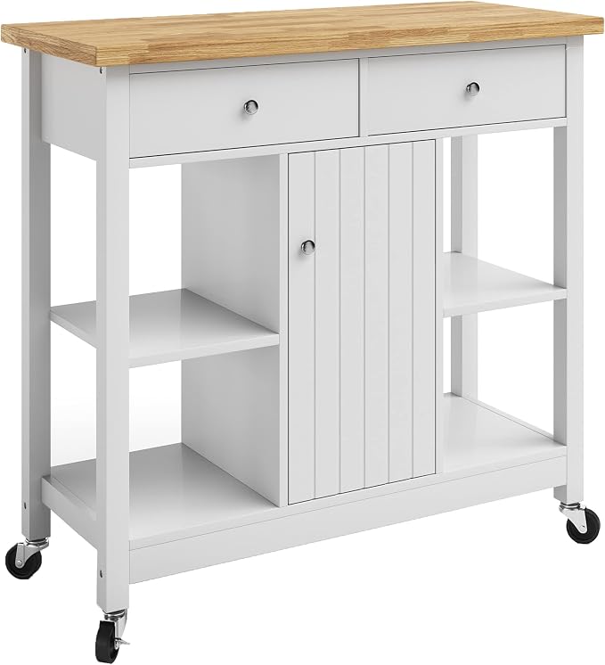 Lavish Home Mobile Kitchen Island with Spice Rack, Shelves & Cabinet, White | Rolling Cart with Drawers for Coffee Bar, Adjustable Shelves, Counter Space, Microwave Stand with Storage Shelves