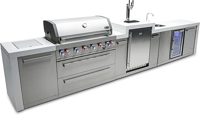 Mont Alpi Deluxe 180"W Stainless Steel Outdoor Kitchen Island with Refrigerator + Faucet & Sink + 3-tap Kegerator Beer Dispenser + 44"W 6-Burner BBQ Gas Grill + Granite Countertops + Storage + Cover