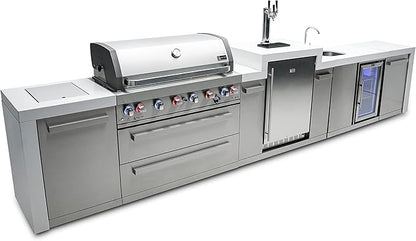 Mont Alpi Deluxe 180"W Stainless Steel Outdoor Kitchen Island with Refrigerator + Faucet & Sink + 3-tap Kegerator Beer Dispenser + 44"W 6-Burner BBQ Gas Grill + Granite Countertops + Storage + Cover