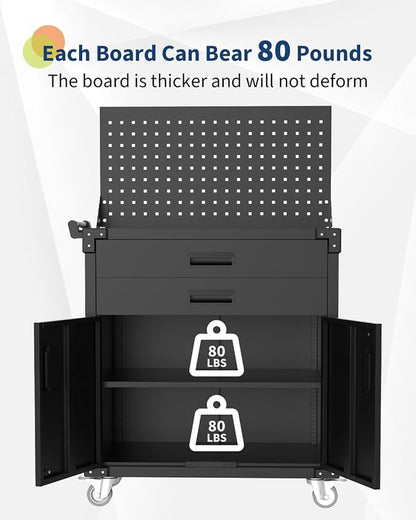GarveeHome Rolling Tool Cabinet, Heavy Duty Steel Garage Storage Cabinet with 2 Drawers, Pegboard & 4 Wheels, Lockable Tool Cart Workbench for Workshop, Warehouse