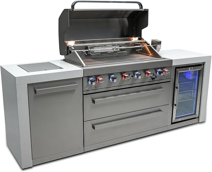 Mont Alpi MAi805-DFC-NG 6-Burner 115000 BTU Deluxe Stainless Steel Modular Outdoor Kitchen Island Grill with MANGK Natural Gas Conversion Kit + Fridge Cabinet, Granite Countertops & 2 Infrared Burners