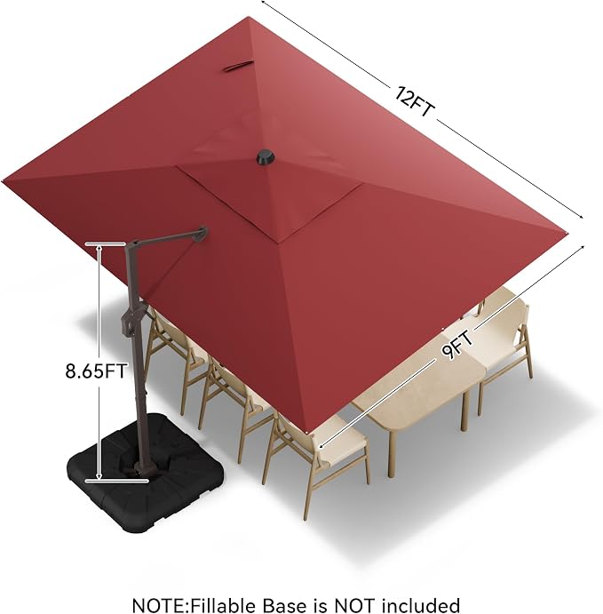9x12 FT Cantilever Patio Umbrella, Large Rectangular Offset Outdoor Umbrella with 360° Rotation, Heavy Duty Shade Umbrella for Garden Backyard Deck Poolside Courtyard, Red
