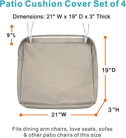 NettyPro Patio Chair Seat Cushion Covers Set 4, Waterproof Outdoor Furniture Cushion Slipcovers with Zipper and Tie, 21 x 19 x 3 Inch, Replacement Cover Only, Khaki