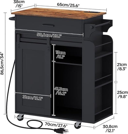 YATINEY Kitchen Island with Storage, Mobile Kitchen Cart with Charging Station, Kitchen Island on Wheels, Rolling Island Table with Sliding Cabinet Door, Black and Rustic Brown ZD01UBR