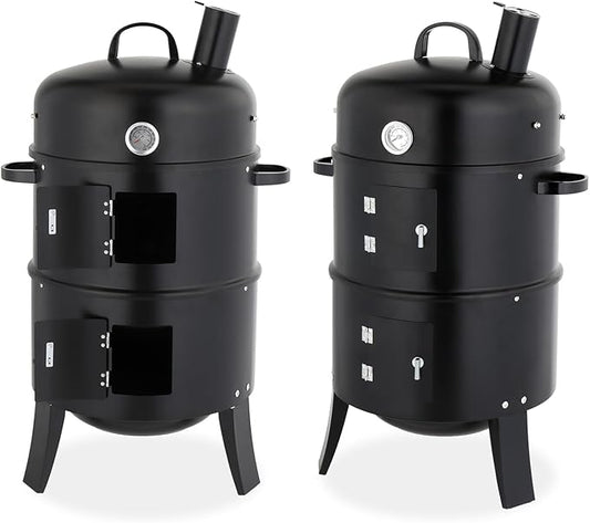 16 Inch Multi-Layer Charcoal BBQ Smoker Grill, Heavy Duty Round Grill, Vertical Smoker with Thermometer, for Outdoor Cooking, Patio, Parties, Backyard